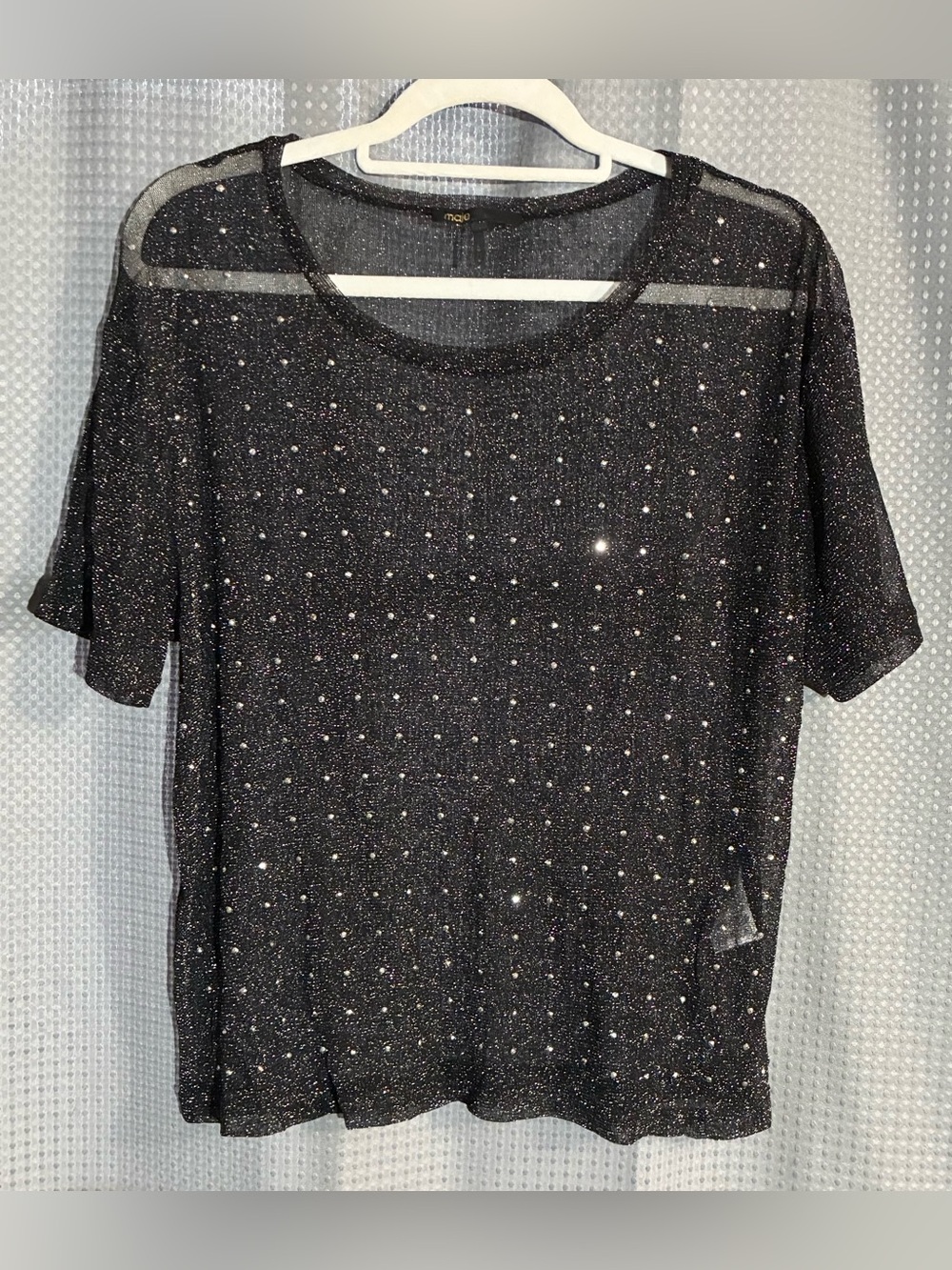 Maje Sheer Sparkle Top Shirt Sz 1 -L Stretch SS Rhinestones Sexy Chic & Trendy